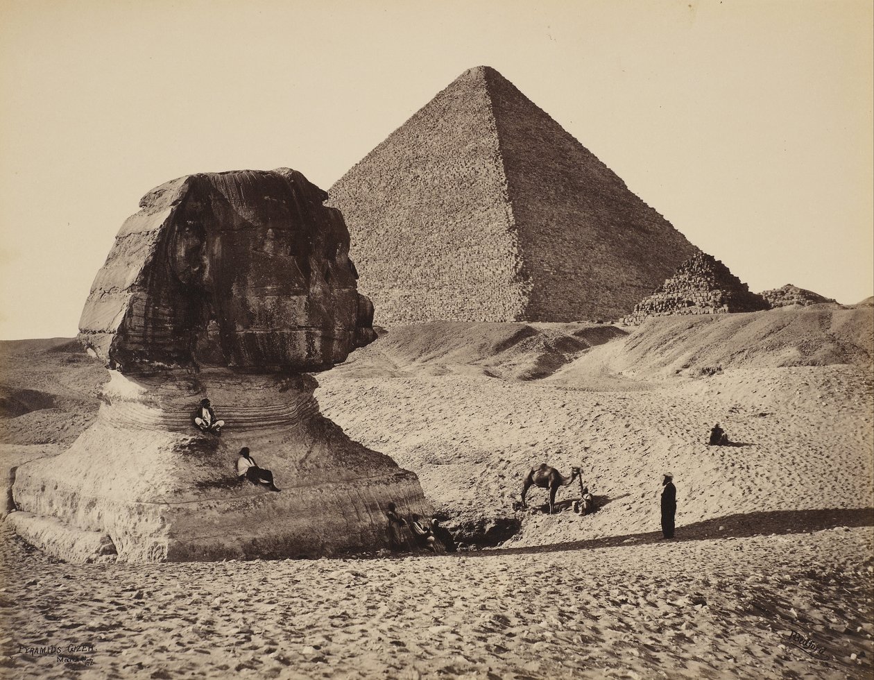 Sfinxen, den store pyramide og to mindre pyramider, Ghizeh, Egypten af Francis Bedford