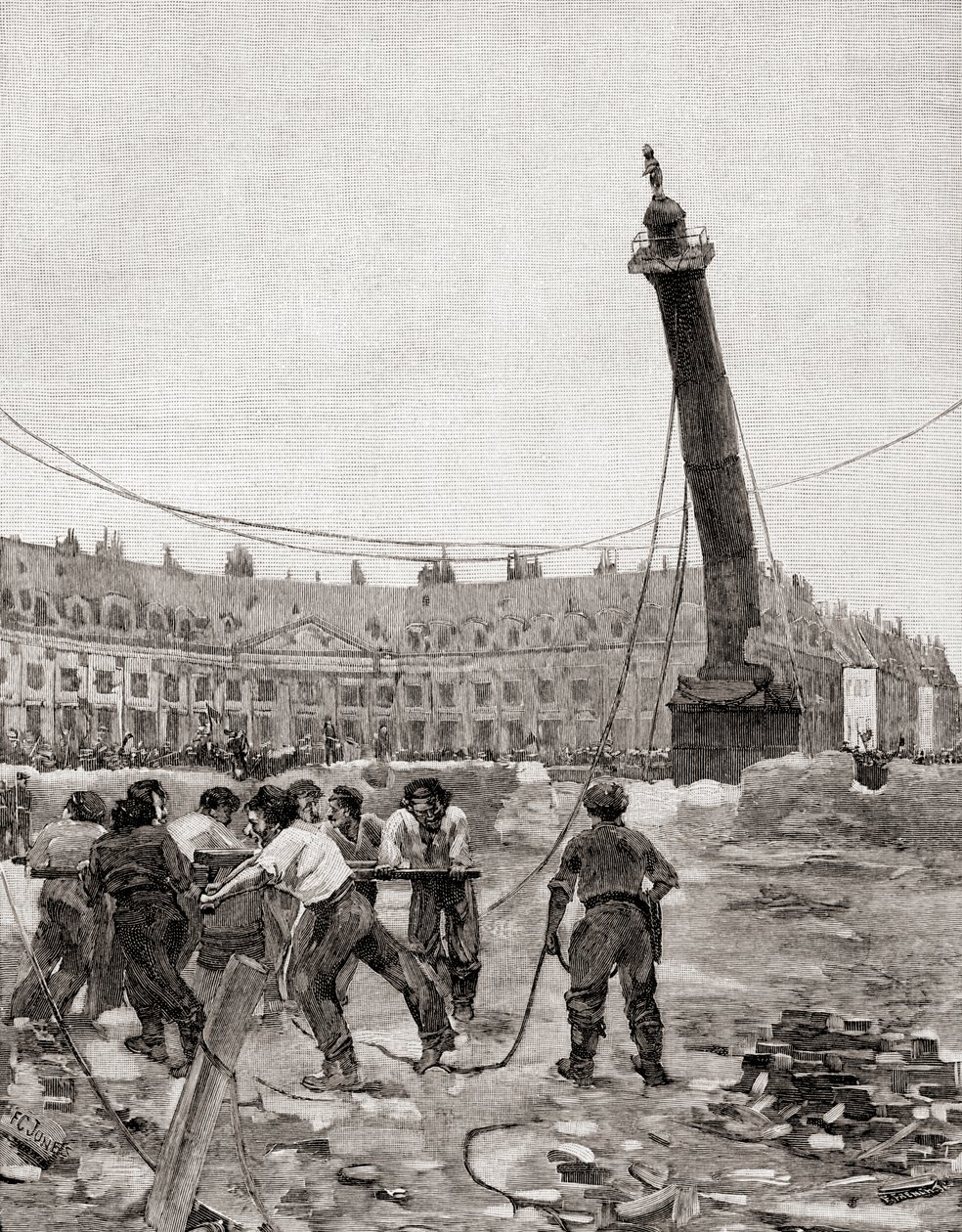 Nedrivning af Vendôme-søjlen under Pariserkommunen, Paris, Frankrig i 1871, fra The Century Illustrated Monthly Magazine, udgivet i 1884 (træsnit) af Francis Coates Jones
