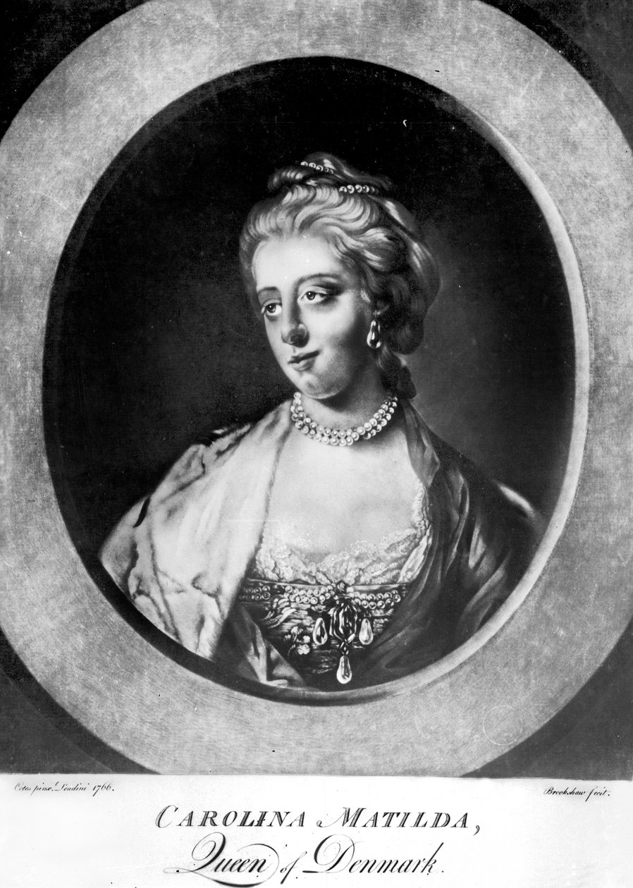 Caroline Matilda, dronning af Danmark og Norge, graveret af Brookshaw af Francis Cotes