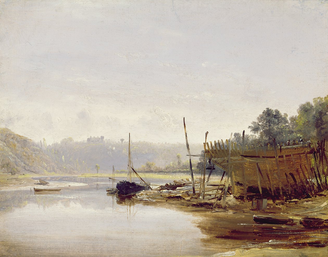 Bådbygning nær Dinan, Bretagne, ca. 1838 (olie på papir på panel) af Francis Danby