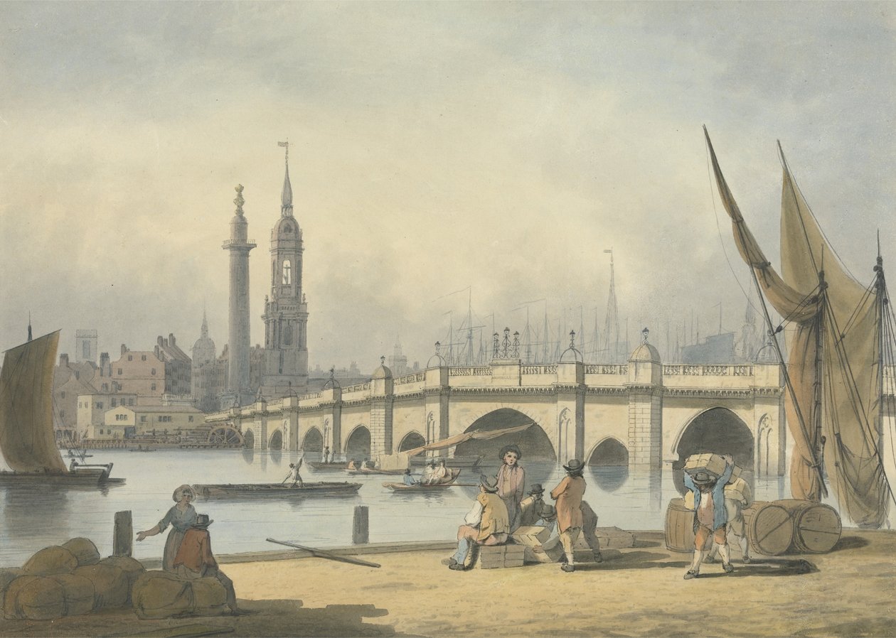 London Bridge and the Monument, ca. 1795 (grafit, wc og blæk på papir) af Francis Nicholson