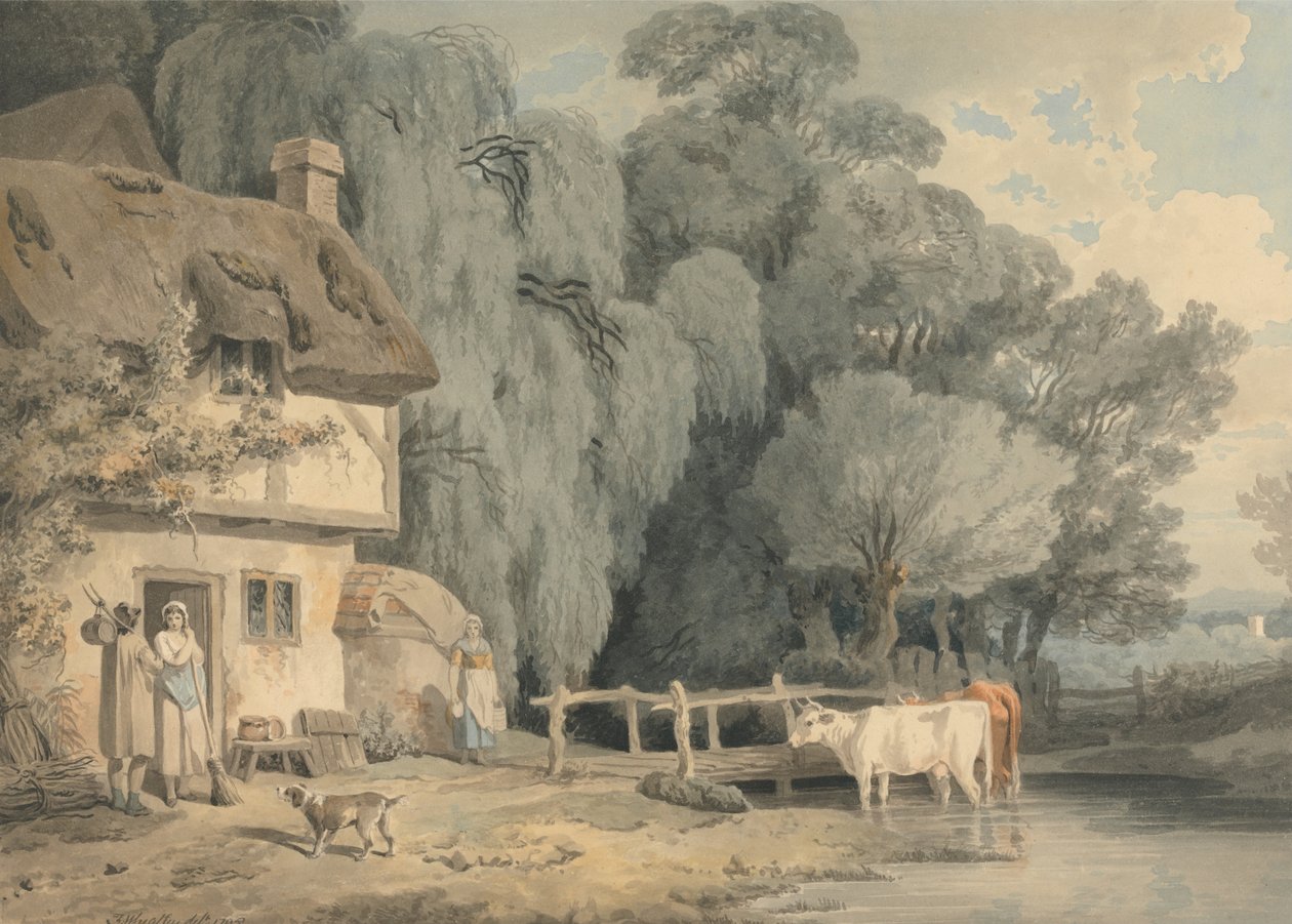 Country Scene- Figurer ved en sommerhusdør og kvæg i en å af Francis Wheatley