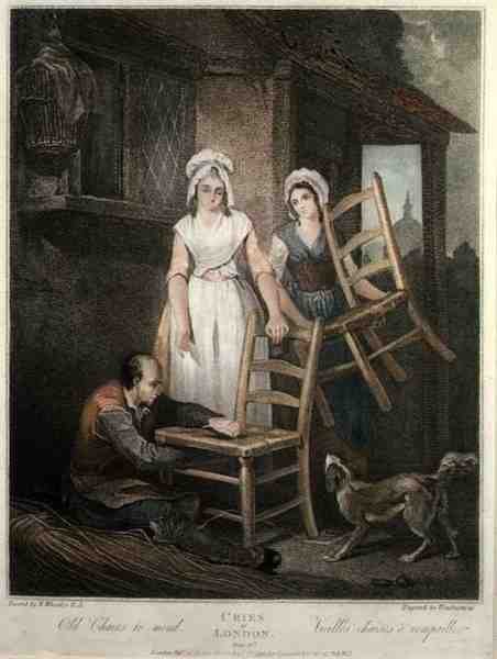 "Old Chairs to Mend", planche 10 i "The Cries of London", graveret af Giovanni Vendramini (1769-1839), udgivet af Colnaghi & Co. af Francis (after) Wheatley