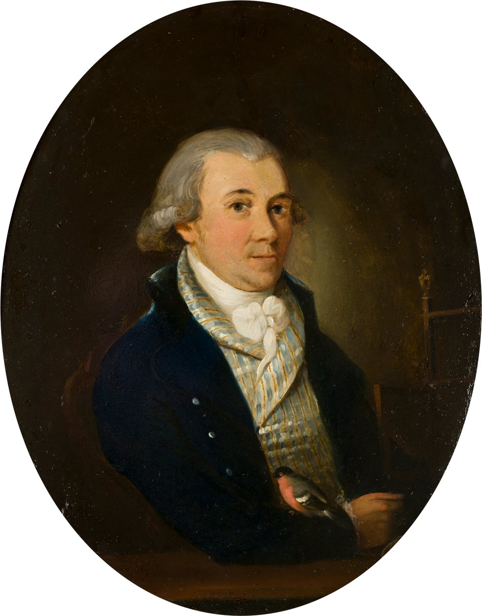 Portræt af en herre med en bullfinch, ca. 1794-1872 (olie og kobber på panel) af Francis (attr. to) Alleyne