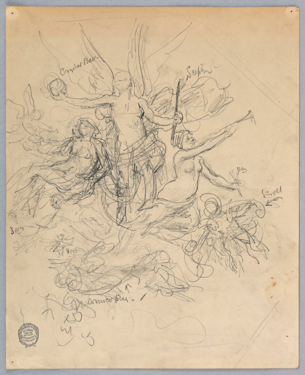 Skitse af bevinget figur, muligvis Fortuna af Francis Augustus Lathrop