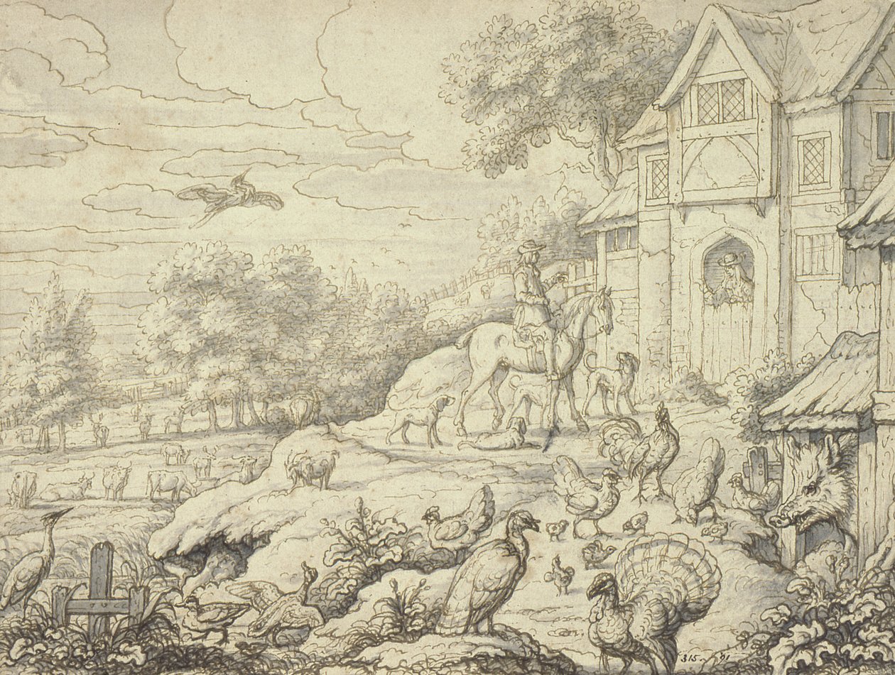 Gårdsgård, med figurer og landskabsbaggrund af Francis Barlow