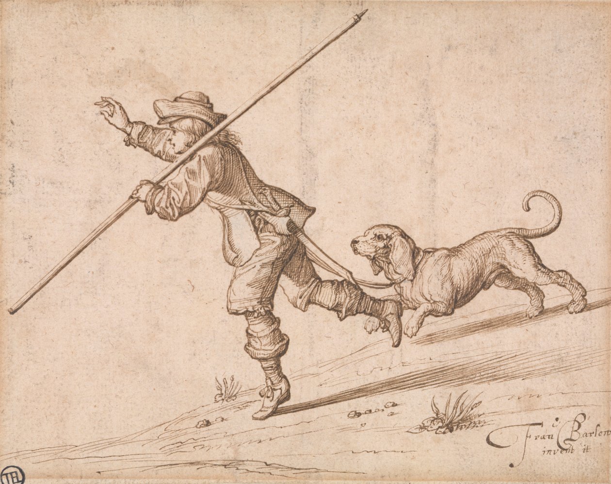 Mand på jagt med en spids stav og en hund af Francis Barlow