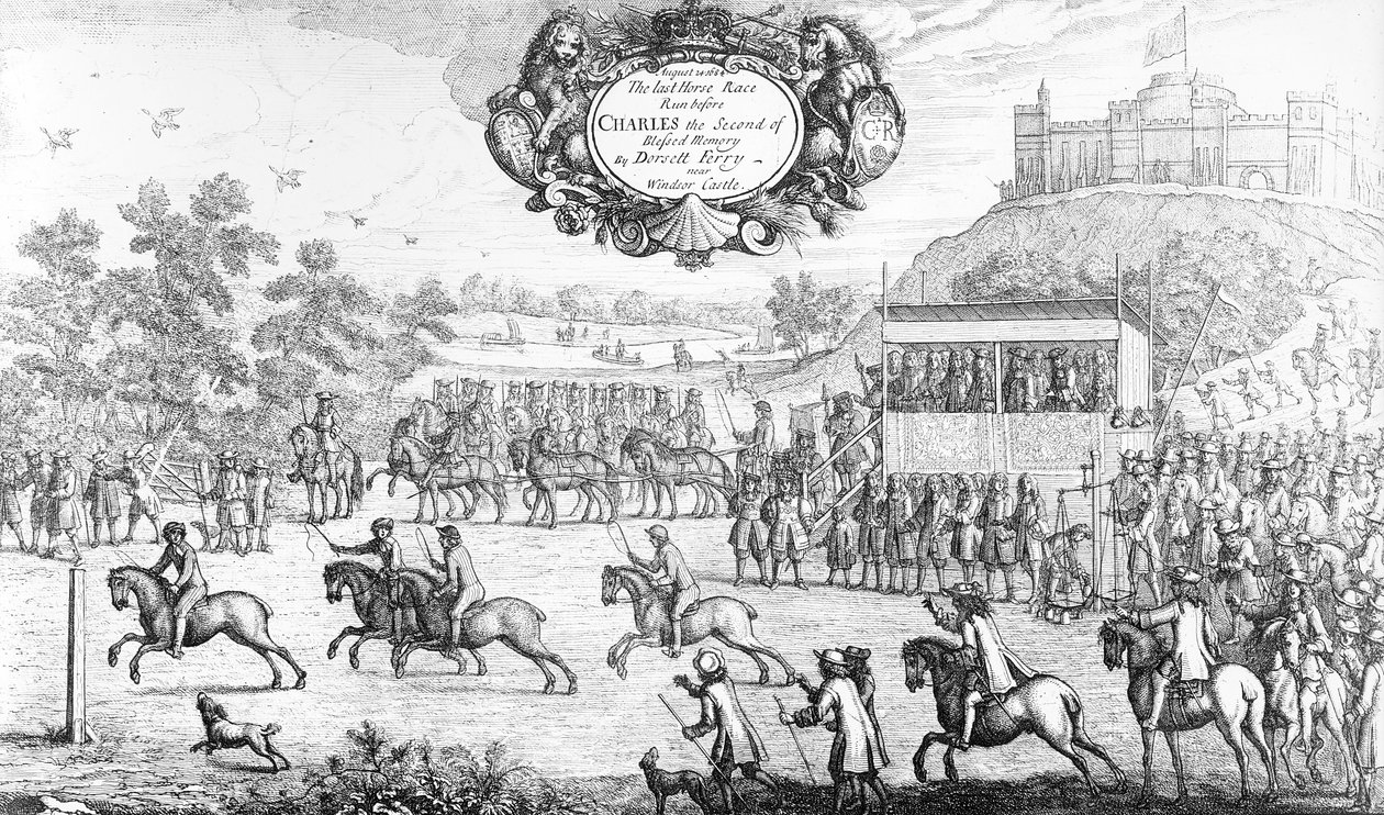 Det sidste hestevæddeløb kørte før Charles den anden af velsignet minde af Dorsett Ferry, nær Windsor Castle, 24. august 1684, 1687 af Francis Barlow