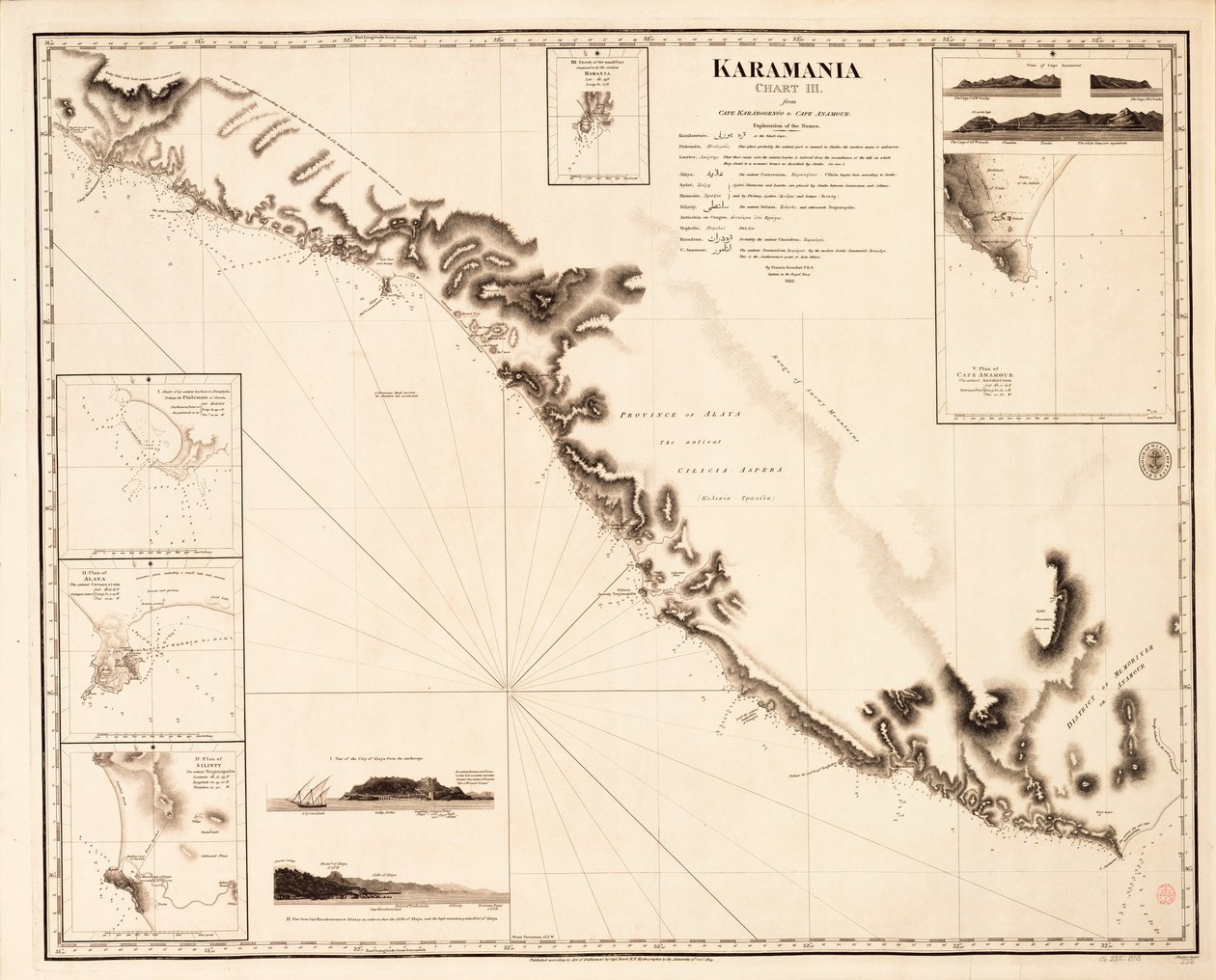 Karamania Chart III fra Cape Karaboornoo til Cape Anamour af Francis Beaufort