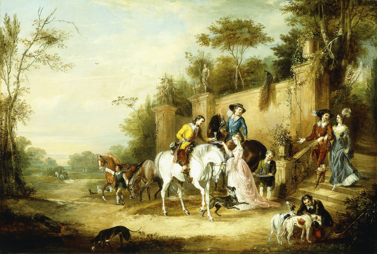 En Hawking-fest på vej fra trappen til et landsted, 1828 af Francis Calcraft Turner