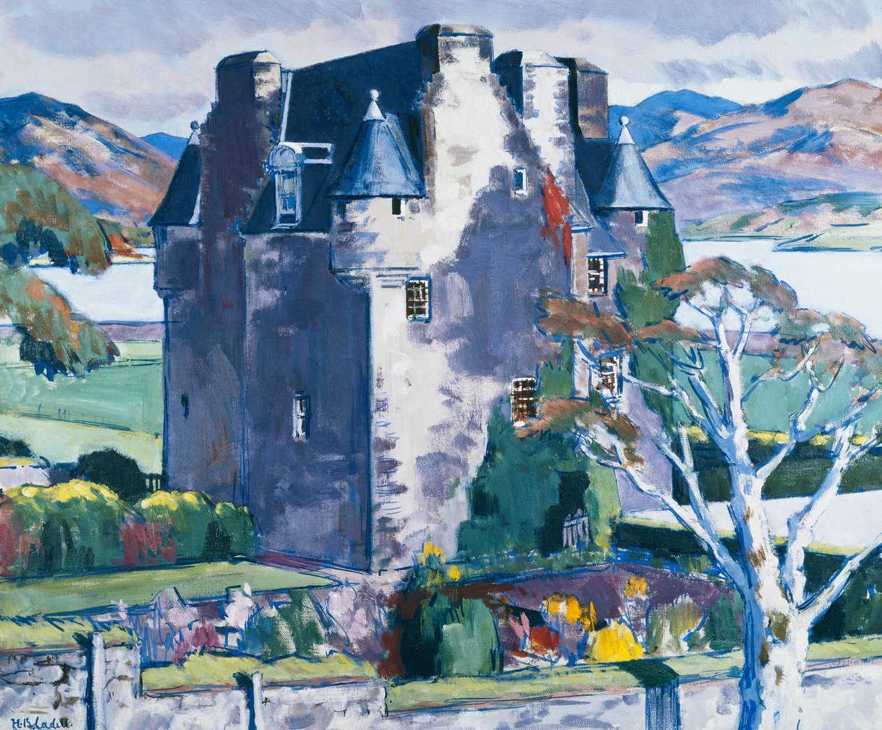Barcaldine Castle, Argyll, ca. 1928 (olie på lærred) af Francis Campbell Boileau Cadell