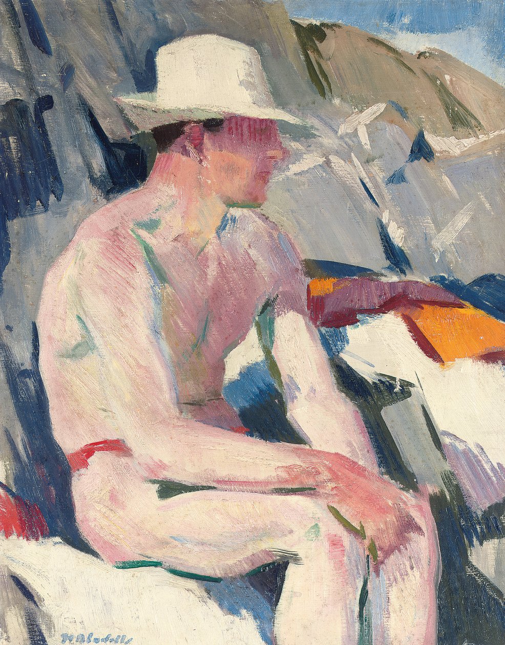 Bader i hvid hat (olie på panel) af Francis Campbell Boileau Cadell