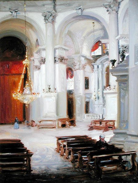 Saluttens indre, Venedig (olie på lærred) af Francis Campbell Boileau Cadell