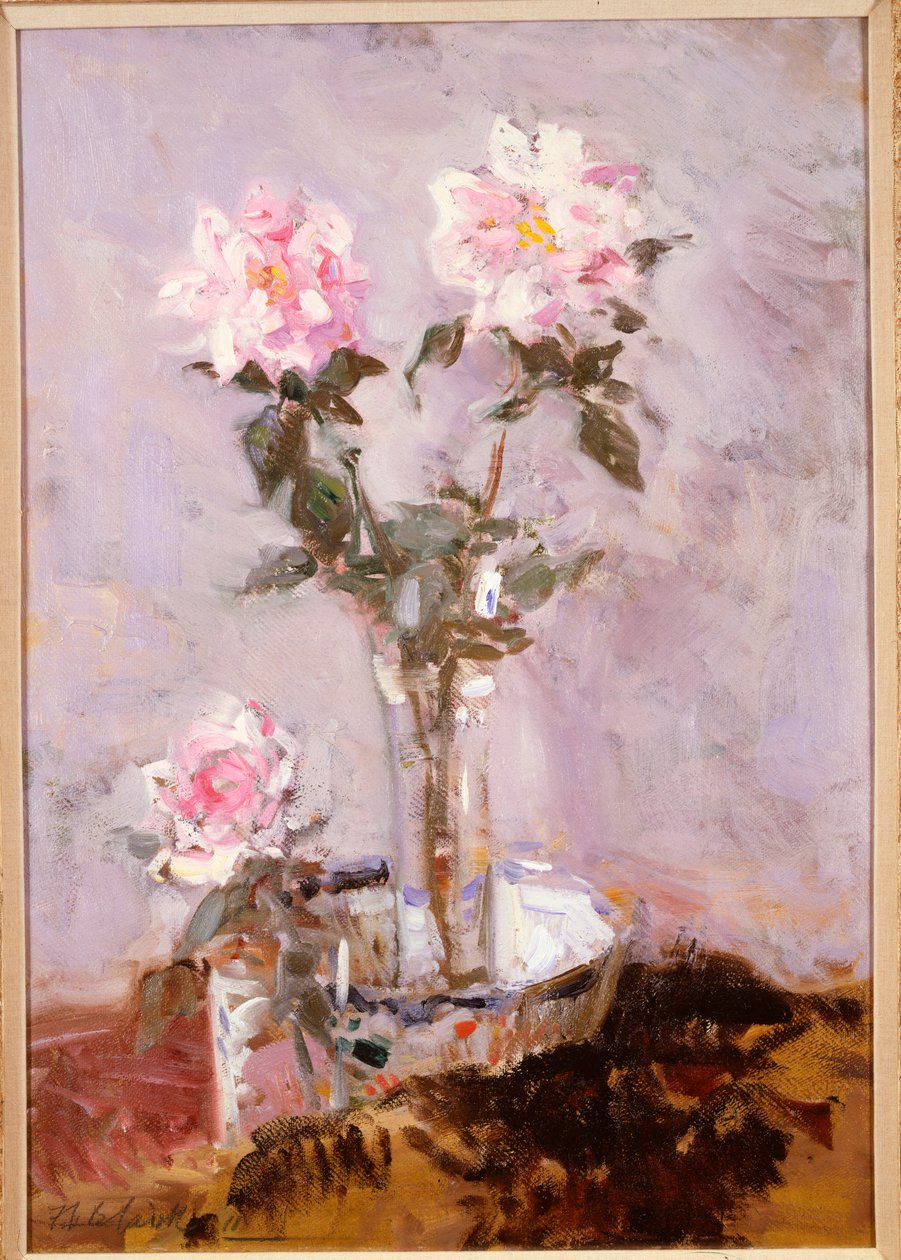 Lyserøde roser i en glasvase af Francis Campbell Boileau Cadell