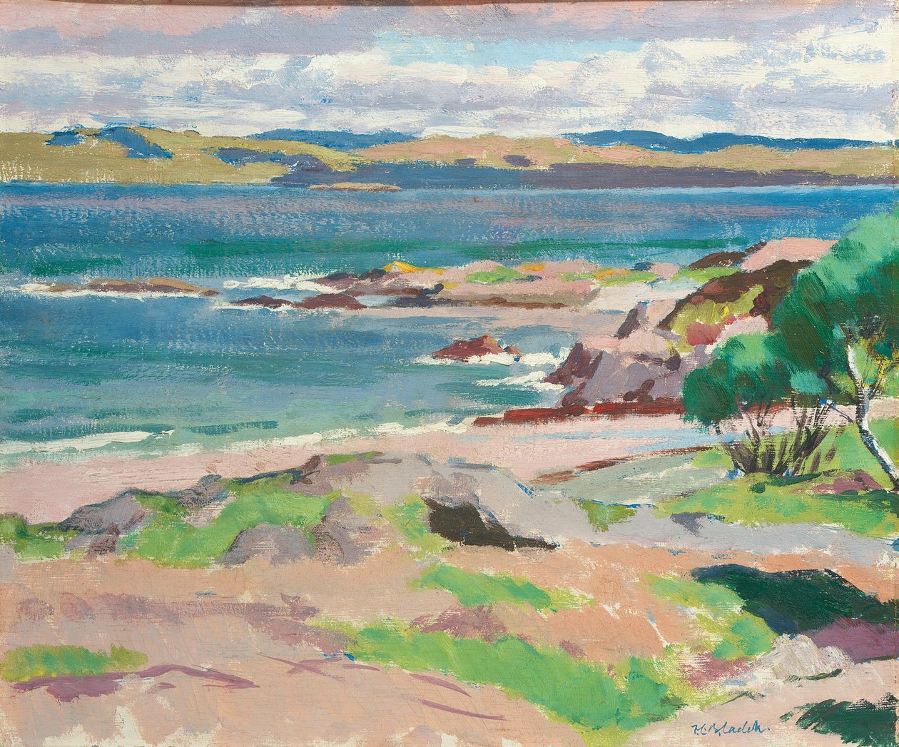 Ross of Mull fra Traigh Mhor, Iona (olie om bord) af Francis Campbell Boileau Cadell