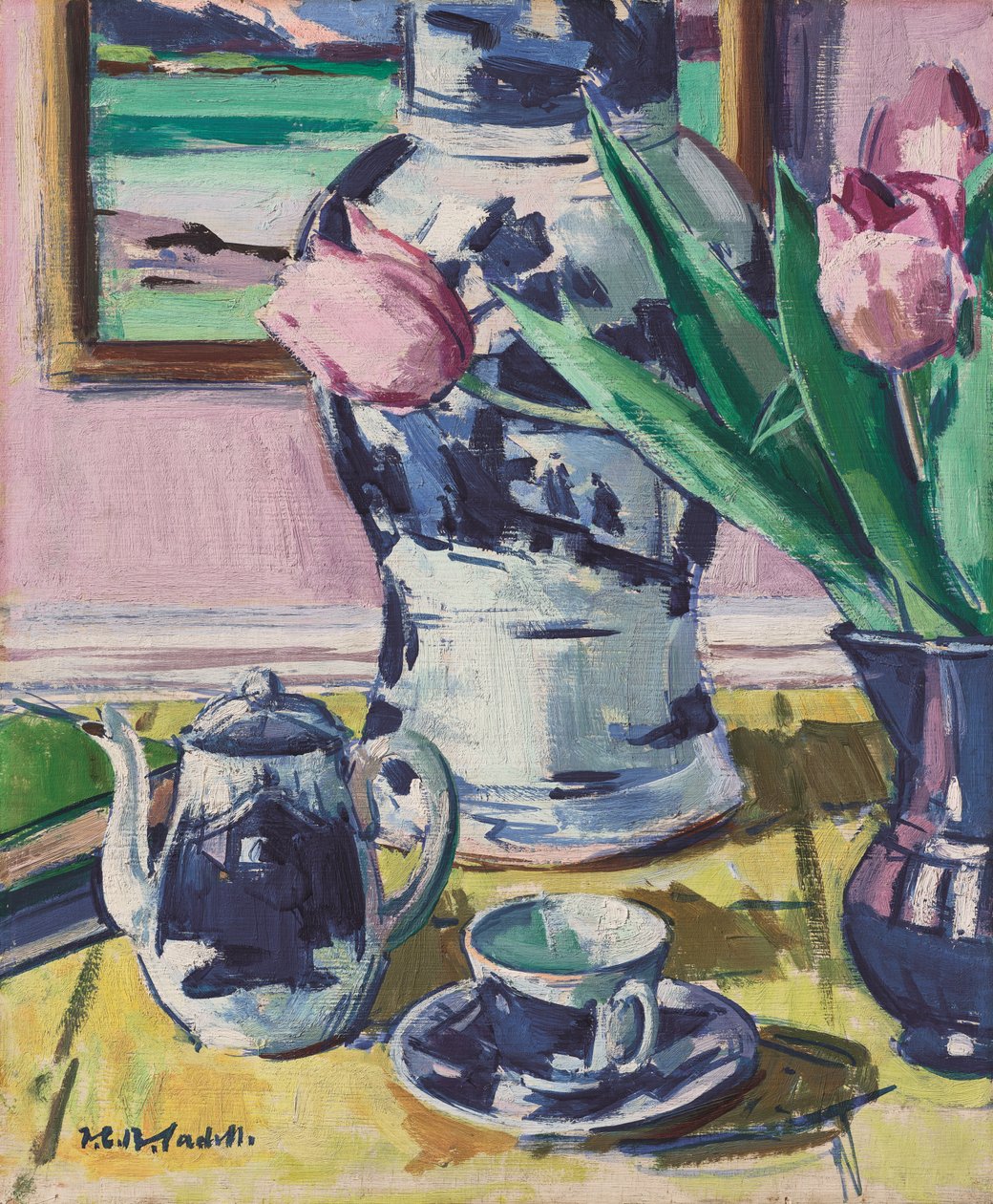 Stilleben med tulipaner og Iona af Francis Campbell Boileau Cadell