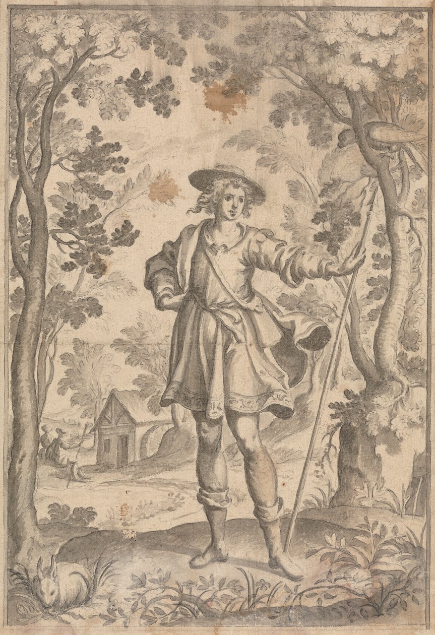 En jæger, der holder et spyd i et skovområde af Francis Cleyn