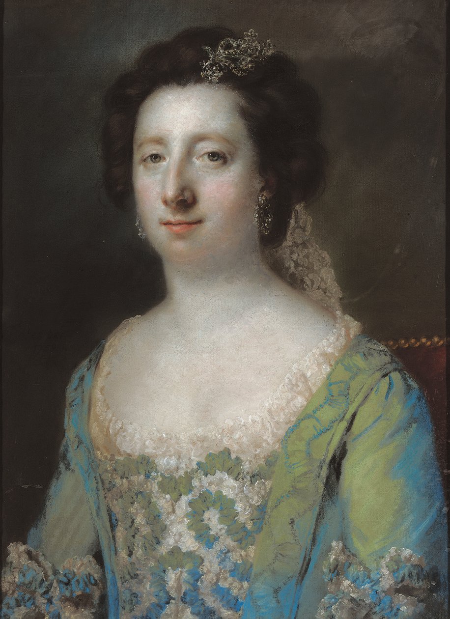 Portræt af The Hon. Fru Bridget Gunning, halvlang, i en blå flæsekjole, 1758 af Francis Cotes