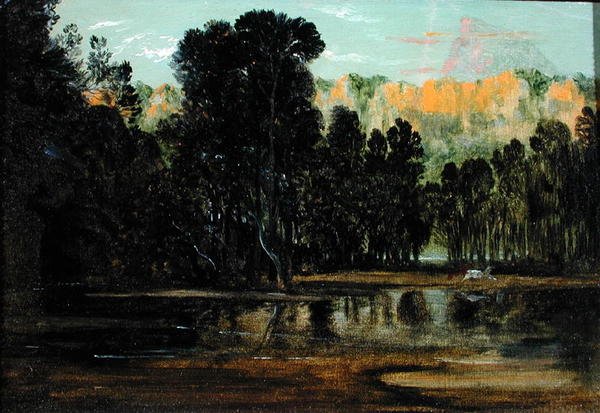 Et skovklædt landskab ved solnedgang (olie på papir lagt på lærred) af Francis Danby