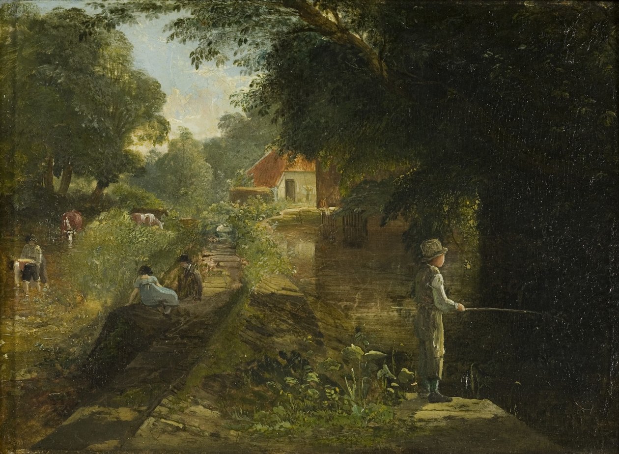 Boy Fishing, Stapleton, ca. 1822-23 (olie på kort lagt på panel) af Francis Danby