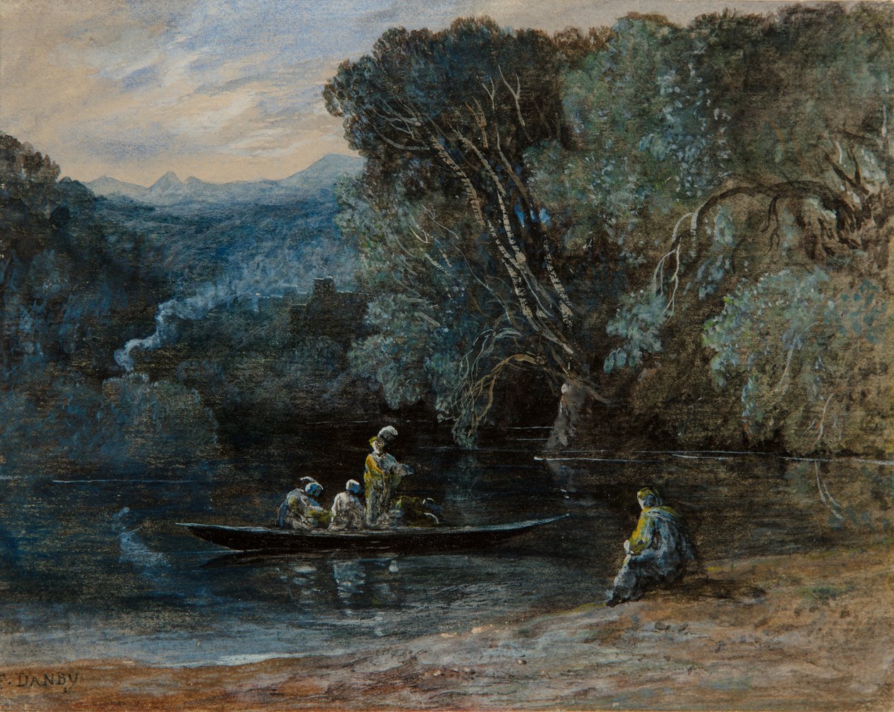 River scene with boat and figures, c.1825dani af Francis Danby