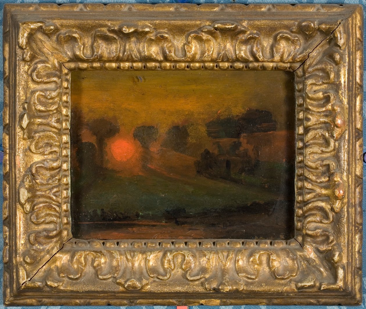 Solnedgang gennem træer, ca. 1855 (olie på kort) af Francis Danby