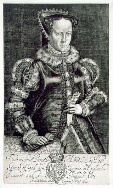 Portræt af Mary I (1516-58) Holder Thomas Hongars bøn, indgraveret af kunstneren, pub. af Compton Holland (gravering) af Francis Delaram