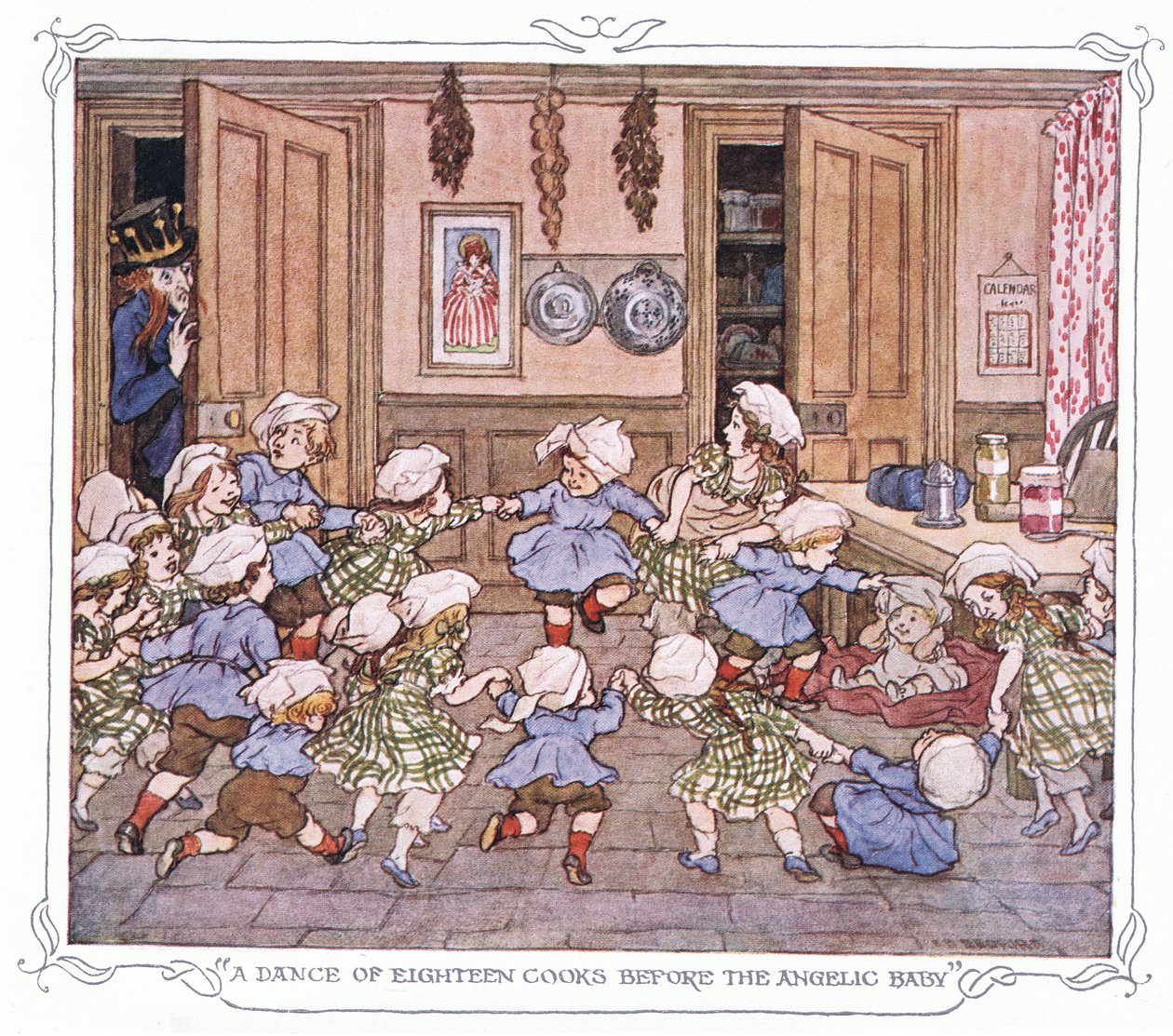 "A dance of eighteen cooks before the angelic baby", fra The Magic Fishbone pub.by Warne  Co, ca. 1940 (farvelitografi) af Francis Donkin Bedford