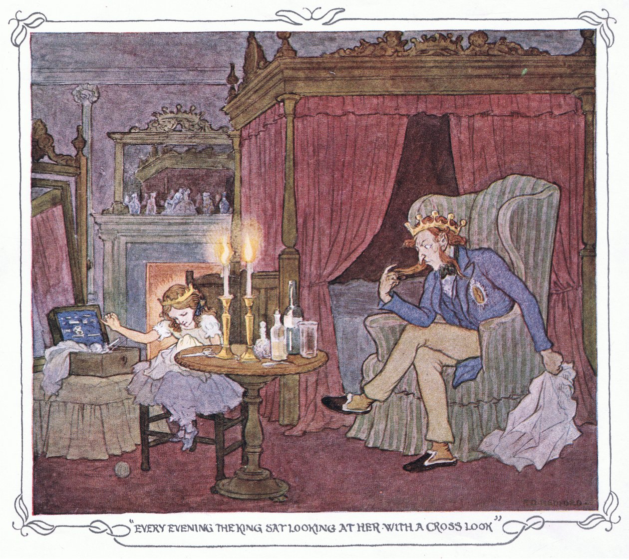 Hver aften sad kongen og kiggede på hende med et skævt blik, fra The Magic Fishbone pub.by Warne  Co, ca. 1940 (farvelitografi) af Francis Donkin Bedford