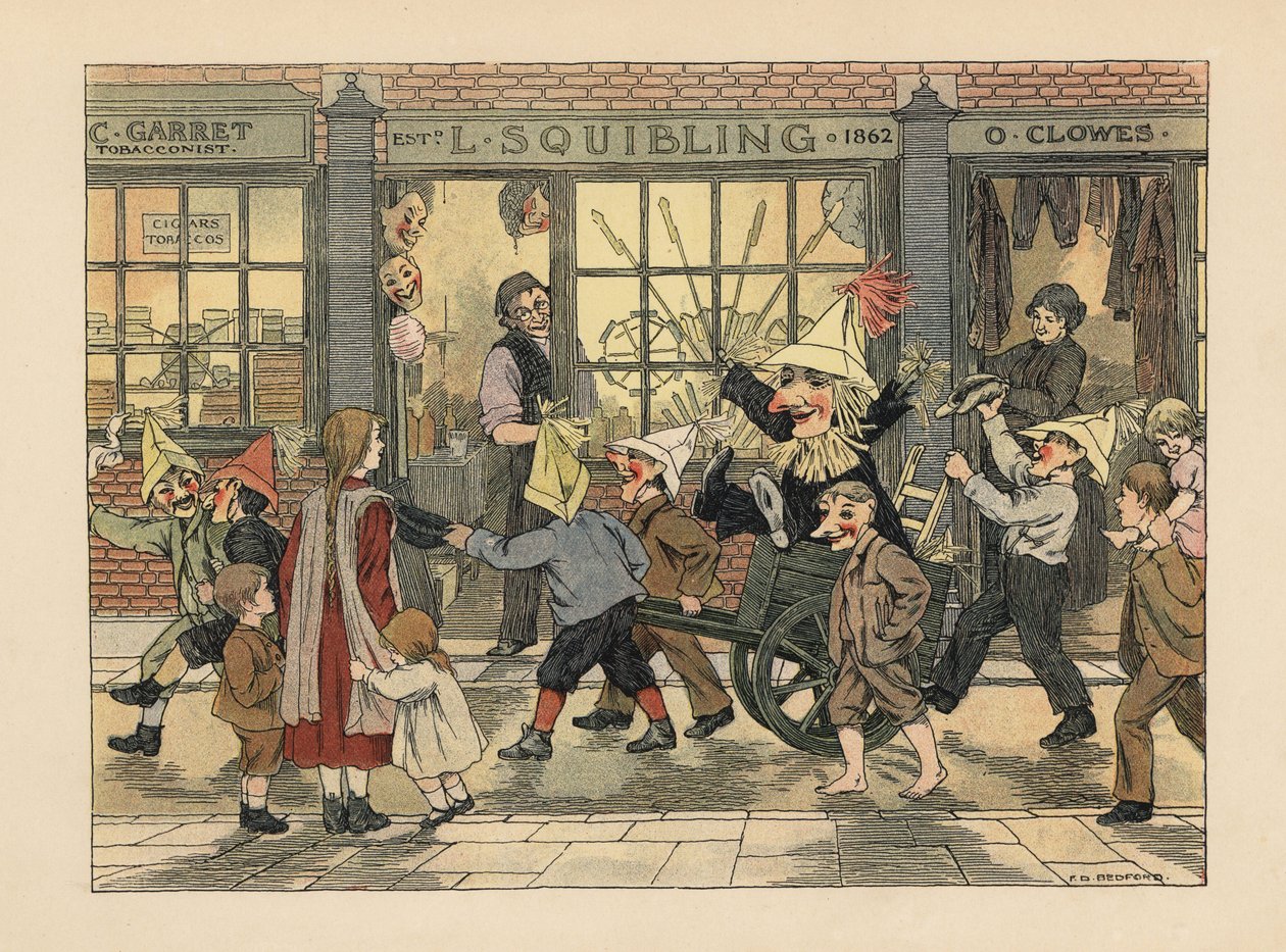 Fyrværkeributik - Victorianske børn trækker en Guy i en vogn på Guy Fawkes-aftenen foran L. Squiblings fyrværkeributik. Kromolitografi efter en illustration af Francis Donkin Bedford fra Edward Verrall Lucas