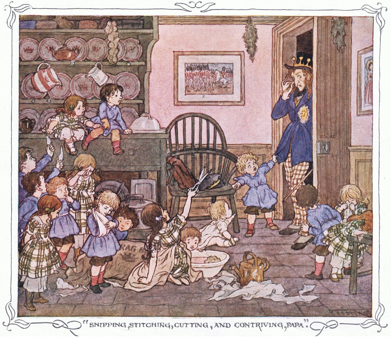 "Snipping, stitching, cutting and contriving, Papa", fra The Magic Fishbone, udgivet af Warne  Co, ca. 1940 (farvelitografi) af Francis Donkin Bedford