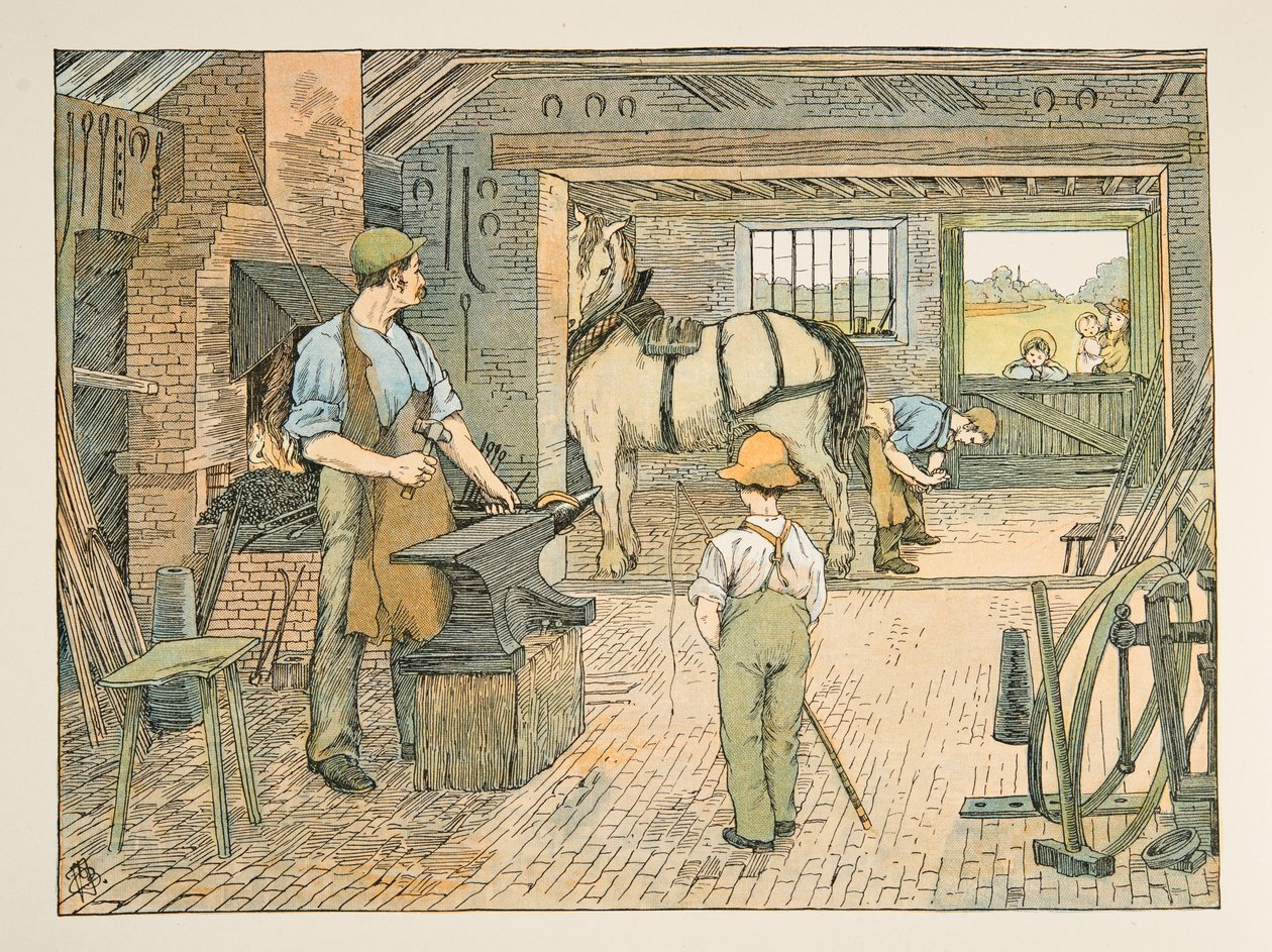 The Blacksmith, fra Four and Twenty Toilers, pub. 1900 (farvelitografi) af Francis Donkin Bedford