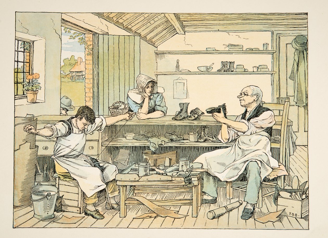 Skomageren, fra Four and Twenty Toilers, pub. 1900 (farvelitografi) af Francis Donkin Bedford