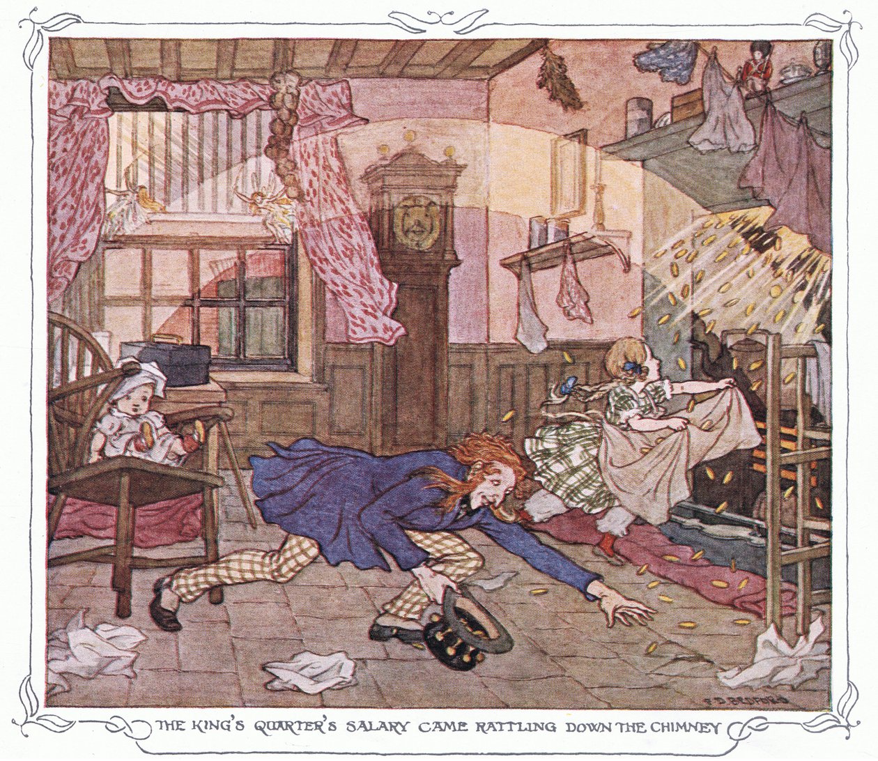 Kongens løn kom raslende ned gennem skorstenen, fra The Magic Fishbone pub.by Warne  Co, ca. 1940 (farvelitografi) af Francis Donkin Bedford
