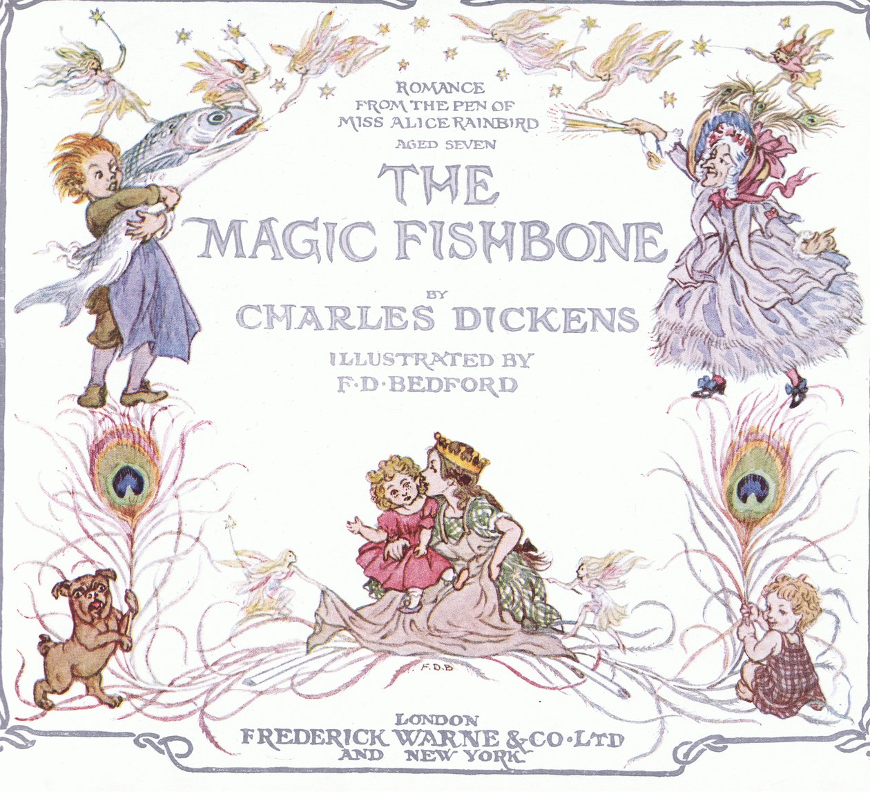 Titelsiden fra The Magic Fishbone, udgivet af Warne  Co, ca. 1940 (farvelitografi) af Francis Donkin Bedford