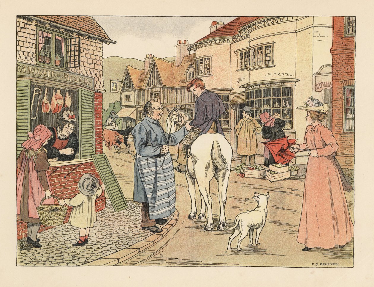 Victoriansk slagter og slagterdreng på hesteryg i en bygade. Kromolitografi efter en illustration af Francis Donkin Bedford fra Edward Verrall Lucas