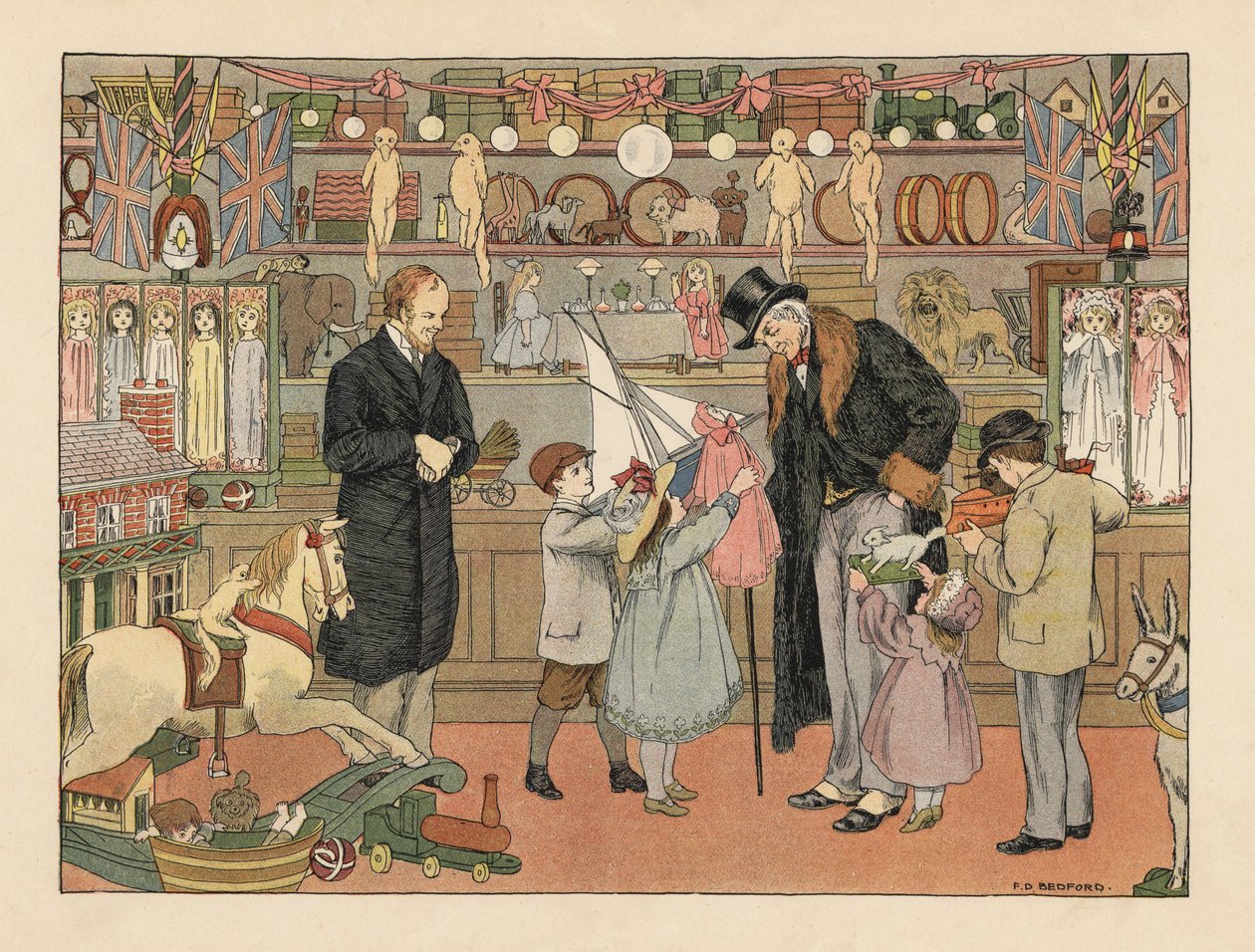 Victorianske børn vælger legetøj sammen med deres onkel i en legetøjsbutik. Kromolitografi efter en illustration af Francis Donkin Bedford fra Edward Verrall Lucas