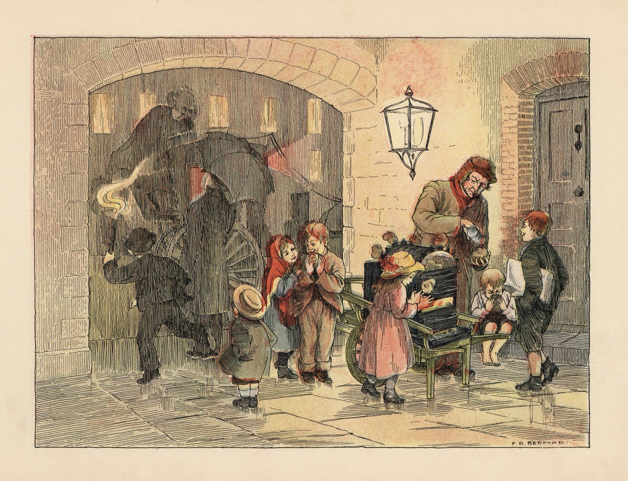 Victorianske børn spiser varme kartofler fra den varme kartoffelmand. I baggrunden stiger folk med paraplyer om bord på en bus i regnvejr. Kromolitografi efter en illustration af Francis Donkin Bedford fra Edward Verrall Lucas