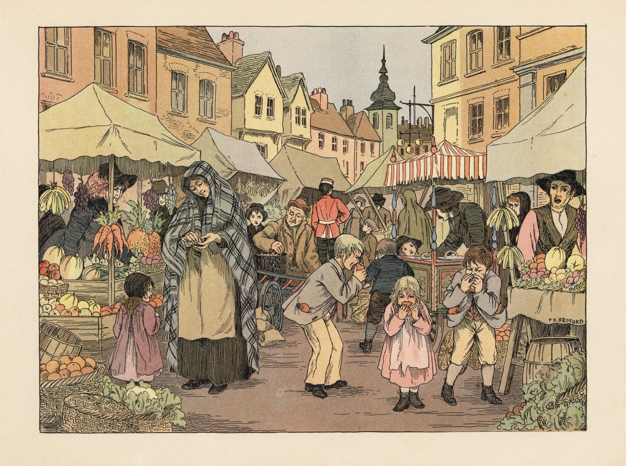Victorianske børn spiser penny appelsiner fra frugt- og grøntsagsboder på et marked i Londons East End. Kromolitografi efter en illustration af Francis Donkin Bedford fra Edward Verrall Lucas