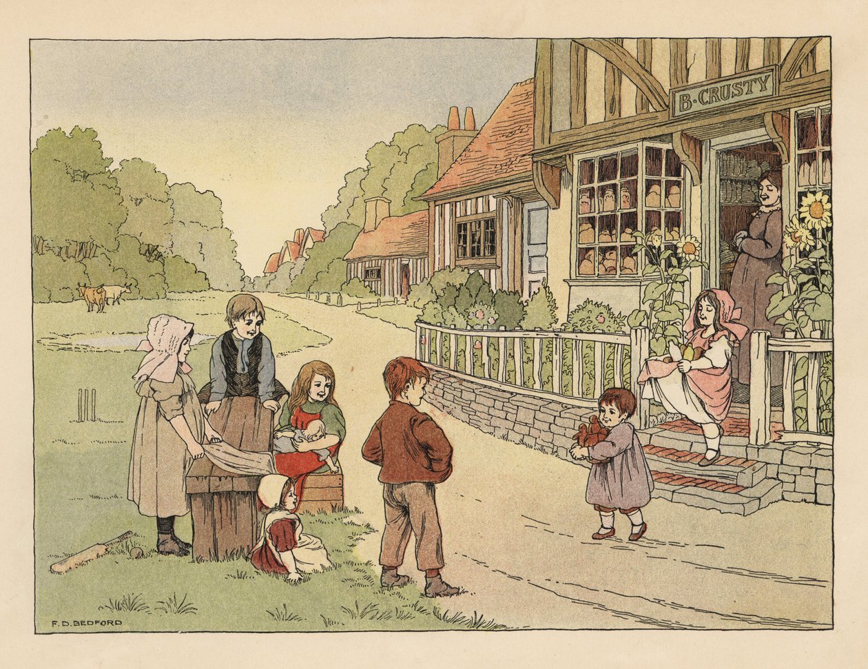 Victorianske børn uden for landsbyens bageri B. Crusty. Kromolitografi efter en illustration af Francis Donkin Bedford fra Edward Verrall Lucas