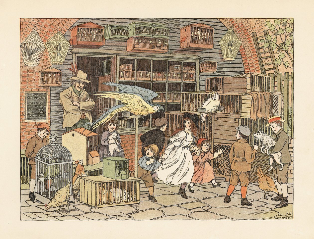 Victorianske børn leger med papegøjer og kakaduer i fuglehandlerens butik eller dyrehandel. Kromolitografi efter en illustration af Francis Donkin Bedford fra Edward Verrall Lucas
