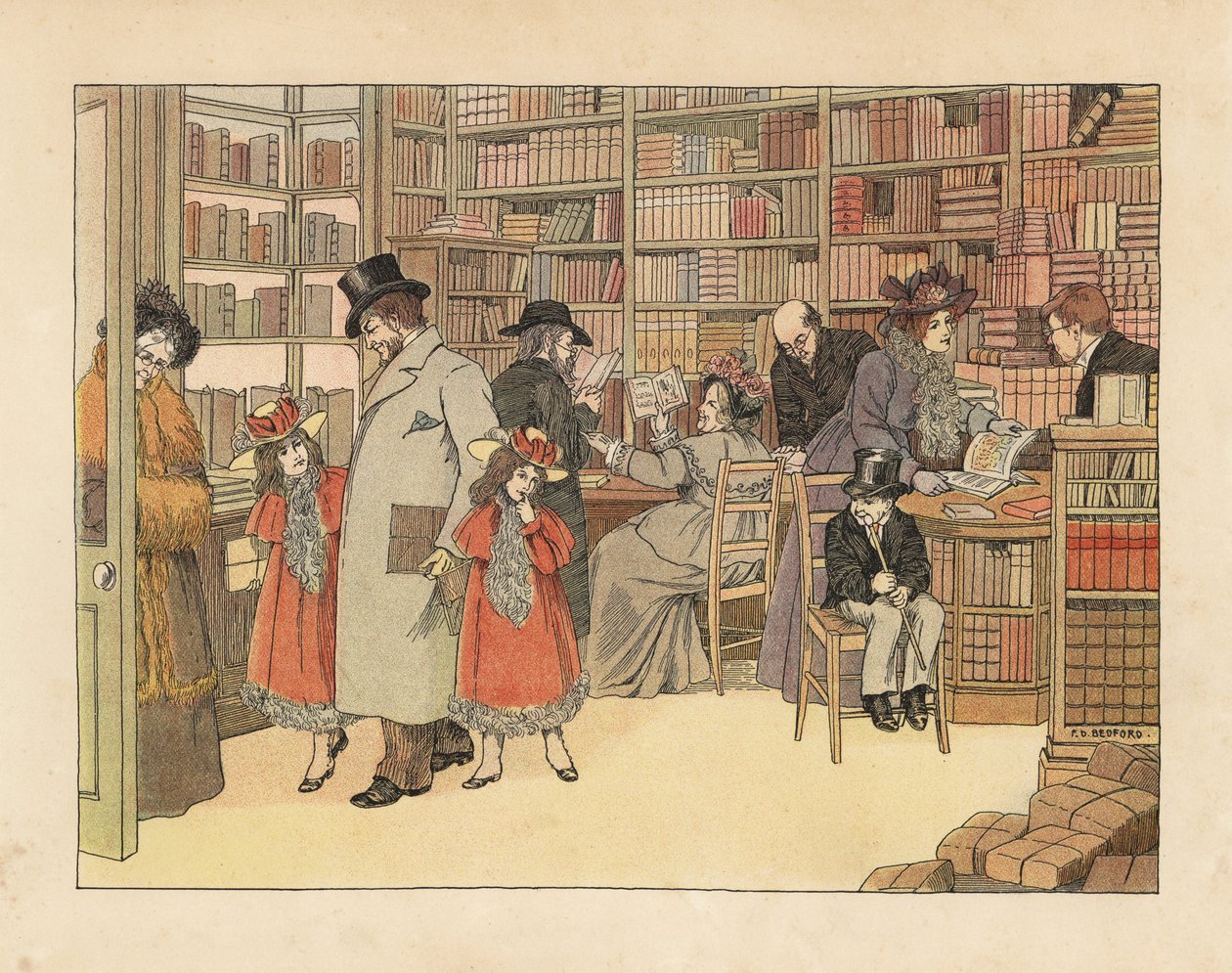 Victorianske kunder i en boghandel. Kromolitografi efter en illustration af Francis Dorkin Bedford fra Edward Verrall Lucas