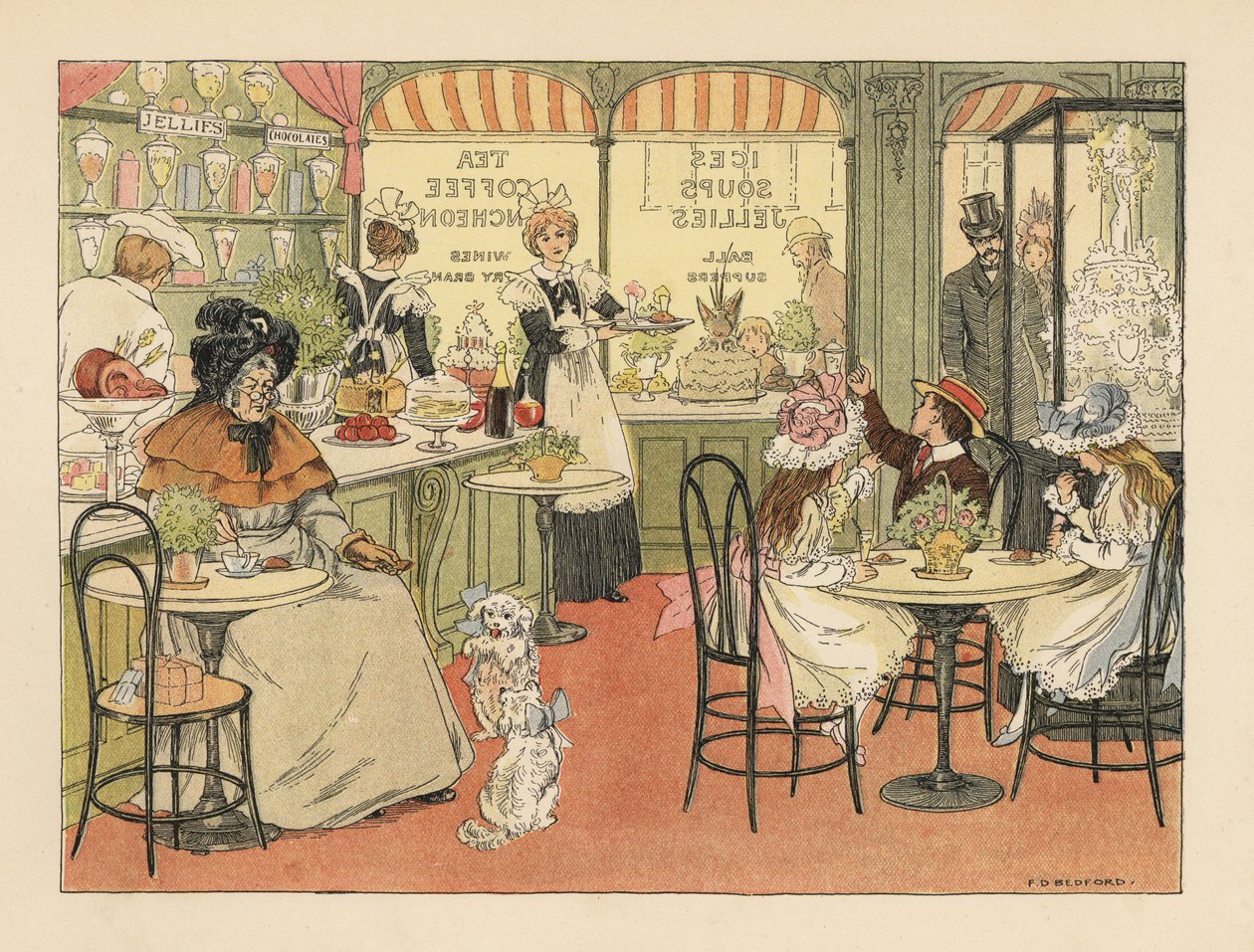 Victorianske kunder i en tebutik og konditorer. Kromolitografi efter en illustration af Francis Donkin Bedford fra Edward Verrall Lucas
