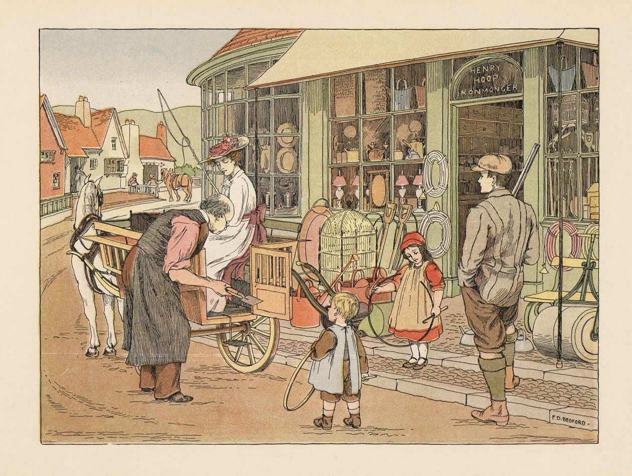 Victoriansk familie hos Henry Hoop, landsbyens jernhandler. Kromolitografi efter en illustration af Francis Donkin Bedford fra Edward Verrall Lucas