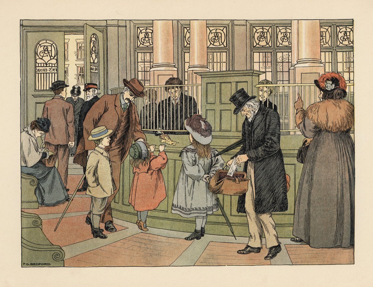 Victoriansk familie i en bank, der hæver penge fra en kasserer med banksedler. Kromolitografi efter en illustration af Francis Donkin Bedford fra Edward Verrall Lucas