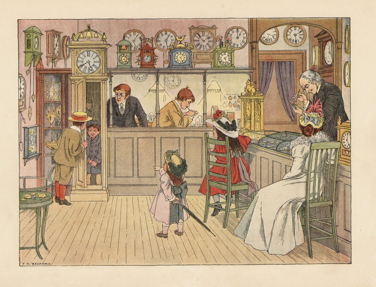 Victoriansk familie hos urmageren. Børn leger i et standur, mens en ekspedient ordner et ur. Kromolitografi efter en illustration af Francis Donkin Bedford fra Edward Verrall Lucas