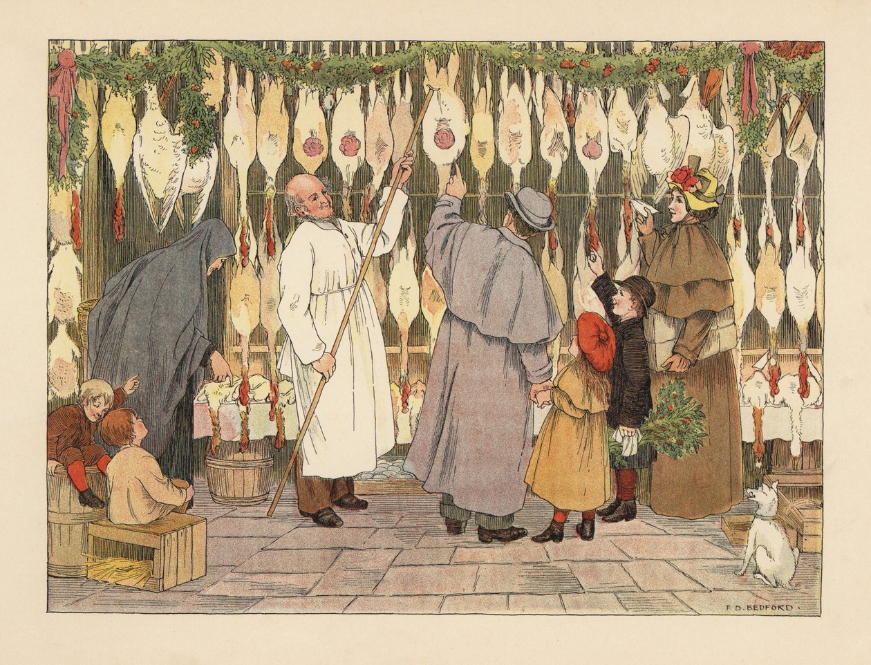 Victoriansk familie vælger en kalkun til jul hos fjerkræslagteren. Slagter i kittel med en krog fjerner en fugl. Kromolitografi efter en illustration af Francis Donkin Bedford fra Edward Verrall Lucas