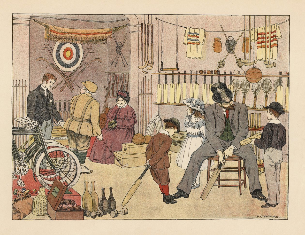 Victoriansk far og børn køber cricketbat i en sportsforretning. Golfspiller i plus fours med en ekspedient. Kromolitografi efter en illustration af Francis Donkin Bedford fra Edward Verrall Lucas