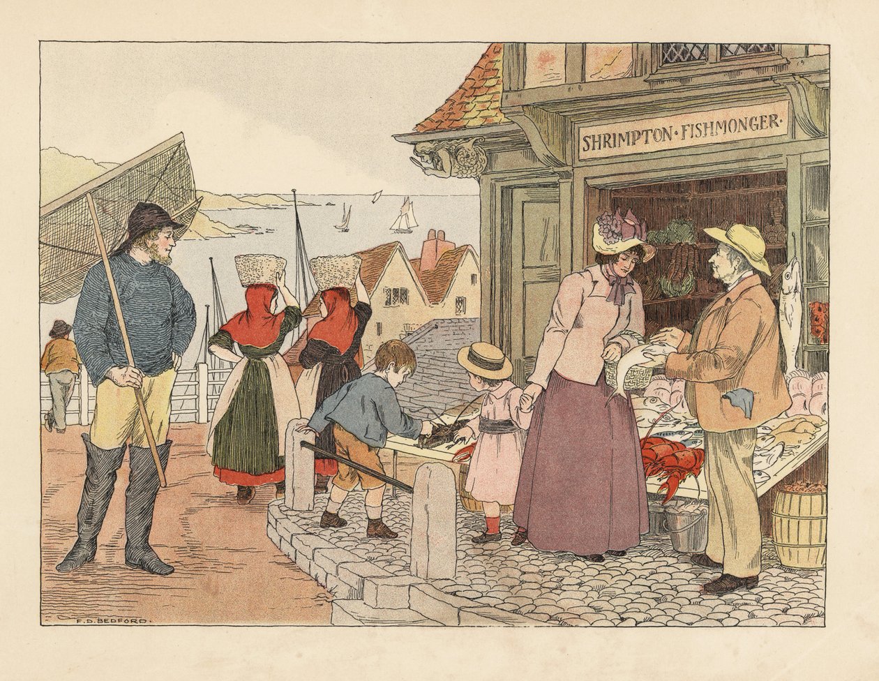 Victoriansk fiskeforretning nær strandpromenaden. Fiskere i støvler med net og fiskekoner med kondisko. Kromolitografi efter en illustration af Francis Donkin Bedford fra Edward Verrall Lucas