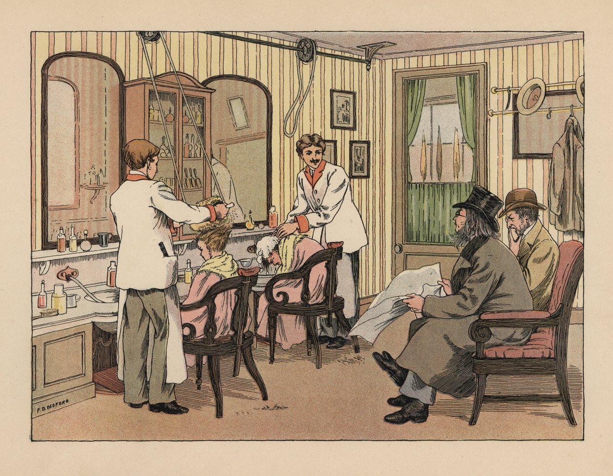 Victorianske herrer får deres hår vasket og behandlet med en hårbørstemaskine i en frisørsalon. Kromolitografi efter en illustration af Francis Donkin Bedford fra Edward Verrall Lucas